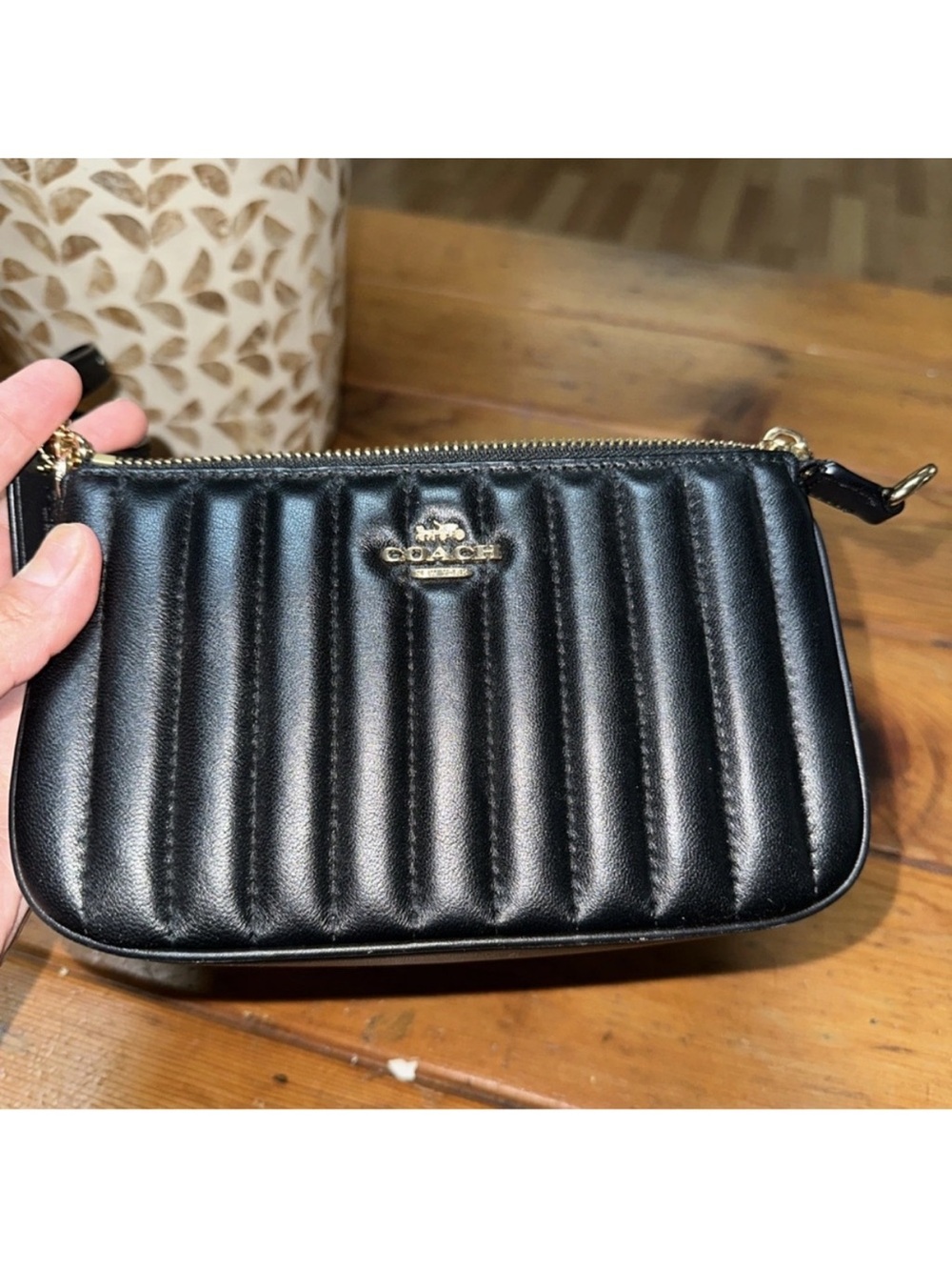 Coach Black Quilted Leather Wristlet with Gold Logo